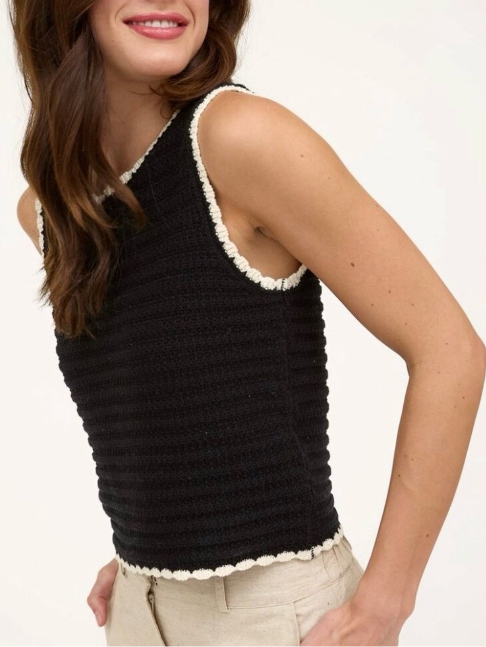 Workshop Studio Black Crochet Knit Sleeveless Top With White Trim